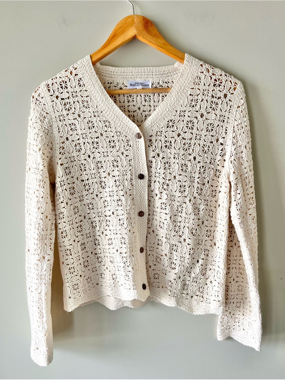 Cream Crochet Floral Button-Front Cardigan Sweater Long Sleeve Size XS - Boho
